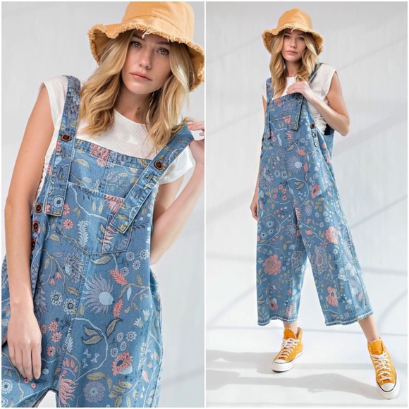 easel Denim - Easel Vintage Wash Floral Print Denim Oversized Overalls Jumpsuit